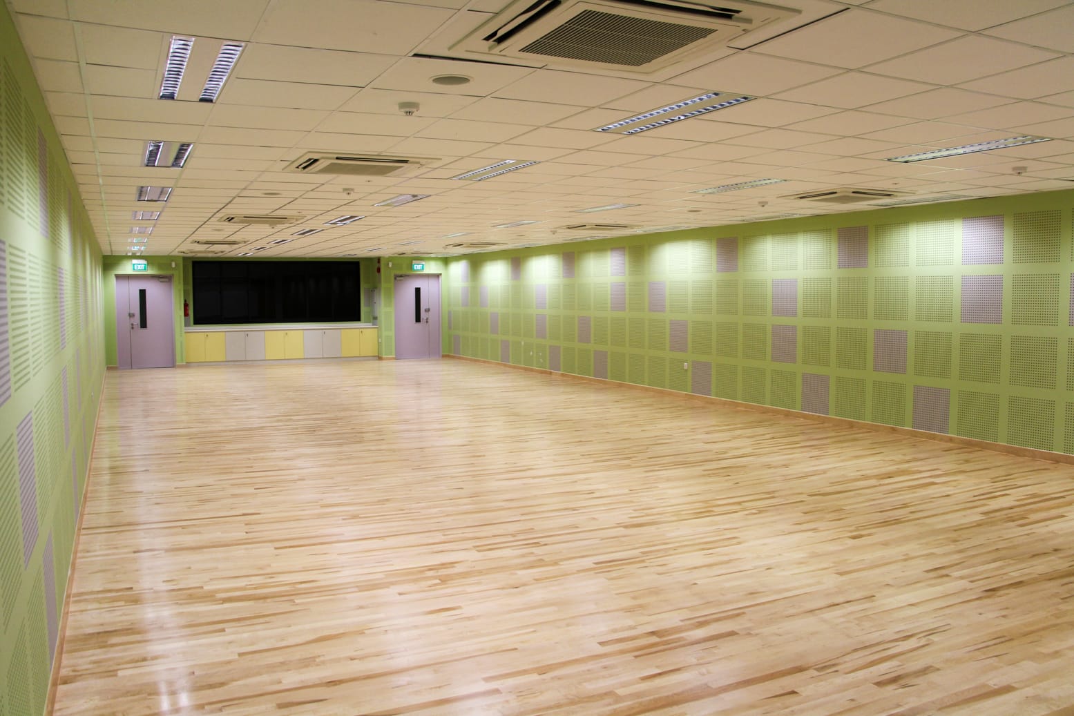 Empty room with light wood floor, green walls with square panels, a large screen, and two purple doors.